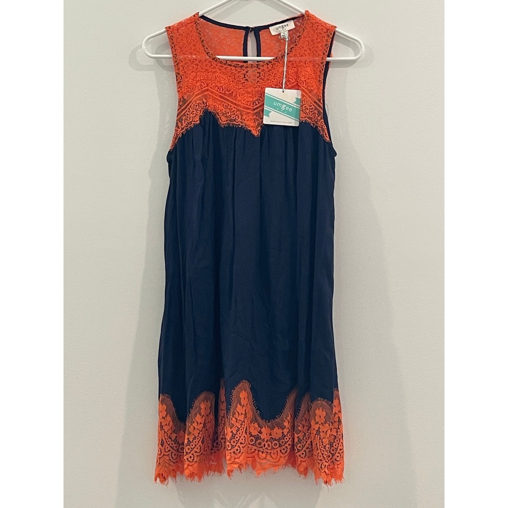 00056 Umgee USA Orange Lace Sleeveless Navy Dress Small NWT Boho Chic Festival